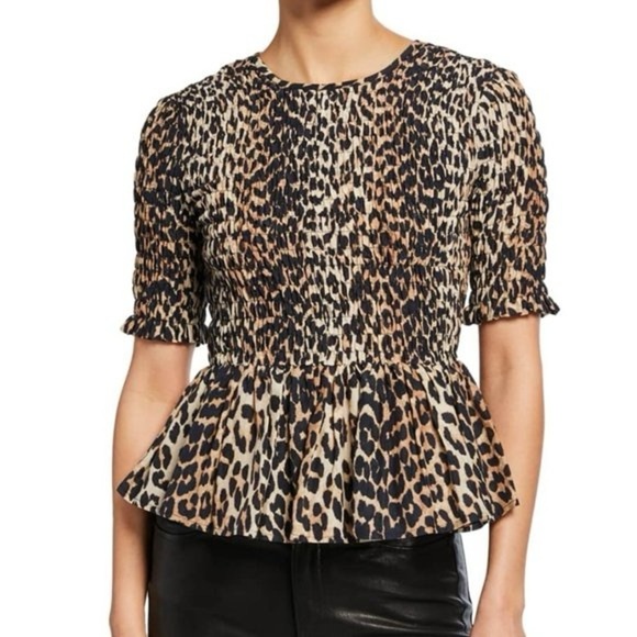 Ganni Smocked Bodice Leopard Peplum Hem Short Sleeve Blouse Size 8 Animal Print - Picture 1 of 16